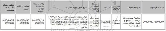 مناقصه عمومی یک مرحله ای اصلاح و تکمیل خیابان سوم شهر نودشه 