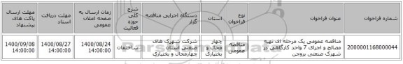 مناقصه عمومی یک مرحله ای تهیه مصالح و اجرای 7 واحد کارگاهی در شهرک صنعتی بروجن