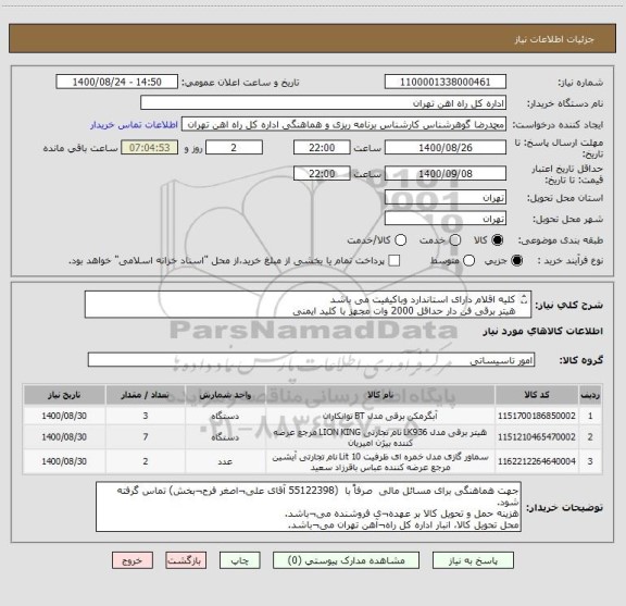 استعلام کلیه اقلام دارای استاندارد وباکیفیت می باشد
هیتر برقی فن دار حداقل 2000 وات مجهز با کلید ایمنی
اب گرمنکن دیواری 10 لیتری
سماور مجهز به ترمو کوبل 
