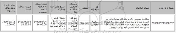 مناقصه عمومی یک مرحله ای عملیات اجرایی احداث مخزن و ساختمان های جنبی به همراه محوطه سازی تلمبه خانه فاضلاب شماره 24 شهر بندر امام خمینی (به روش فرورون