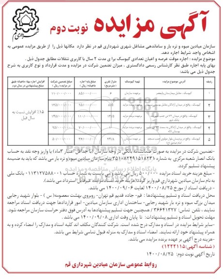 مزایده، مزایده اجاره موقت عرصه و اعیان تعدادی کیوسک - نوبت دوم