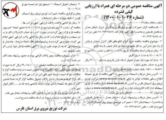 مناقصه، مناقصه خرید انواع تابلوهای قابل کنترل سنجش و پایش از راه دور مشترکین