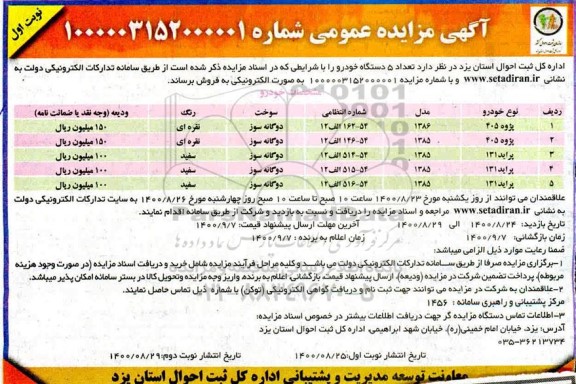 مزایده تعداد 5 دستگاه خودرو