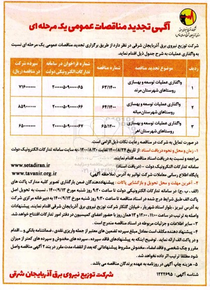 مناقصه واگذاری عملیات توسعه و بهسازی روستاهای ....