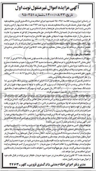مزایده مزایده ششدانگ اعیان یکباب خانه مسکونی