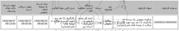 مناقصه عمومی یک مرحله ای بکارگیری 11 نفر نیرو جهت گشت و مراقبت  از عرصه های ملّی(بحرانی)          