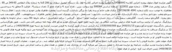 آگهی مزایده یک دستگاه اتومبیل سواری پژو 206