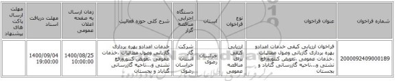 فراخوان ارزیابی کیفی خدمات امدادو بهره برداری گازبانی وصول مطالبات ،خذمات عمومی ،تعویض کنتورورفع نشتی و...ناحیه گازرسانی گناباد و بجستان