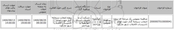 مناقصه عمومی یک مرحله ای پروژه انتخاب سرمایه گذار جهت ایجاد تاسیسات فاضلاب شهر مارگون