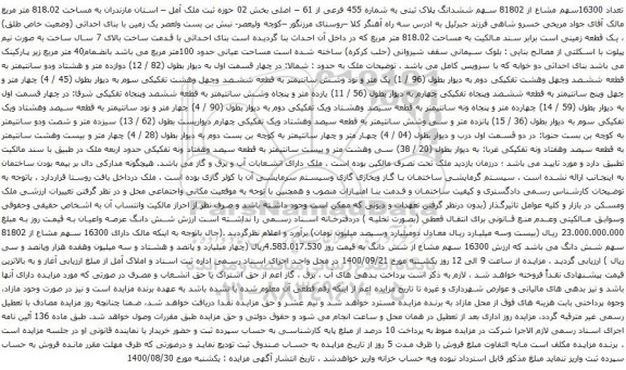 تعداد 16300سهم مشاع از 81802 سهم ششدانگ پلاک ثبتی به شماره 455 فرعی از 61 – اصلی