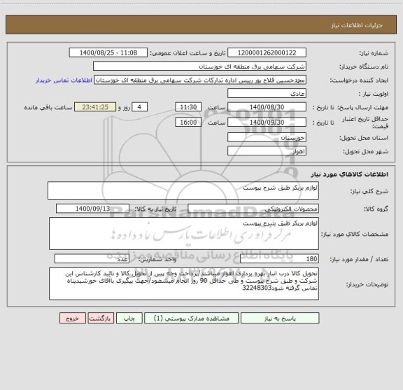 استعلام لوازم بریکر طبق شرح پیوست 