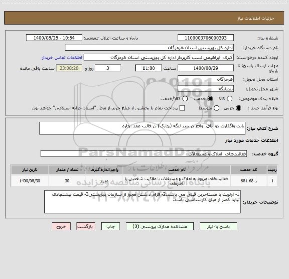 استعلام بابت واگذاری دو اتاق واقع در بندر لنگه (چارک) در قالب عقد اجاره
