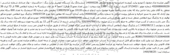 آگهی مزایده ششدانگ یک دستگاه اتومبیل پراید
