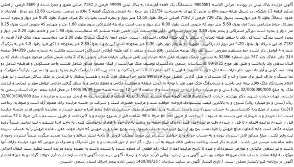 آگهی مزایده ششدانگ یک قطعه آپارتمان به پلاک ثبتی 49995 فرعی از 7182 اصلی مفروز 