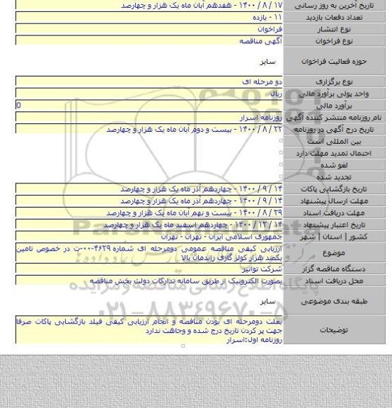 ارزیابی کیفی مناقصه عمومی دومرحله ای شماره ۴۶۲۹-۰۰-ت در خصوص تامین یکصد هزار کولر گازی راندمان بالا