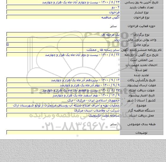 عملیات تهیه و اجرای اصلاح شبکه آب روستای مرزیجران از توابع شهرستان اراک
