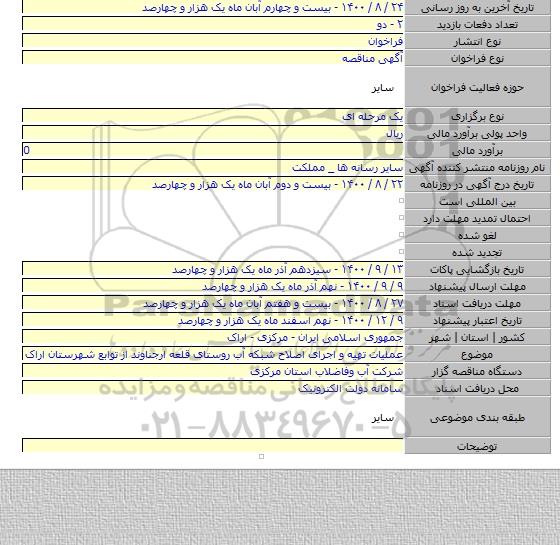 عملیات تهیه و اجرای اصلاح شبکه آب روستای قلعه ارجناوند از توابع شهرستان اراک