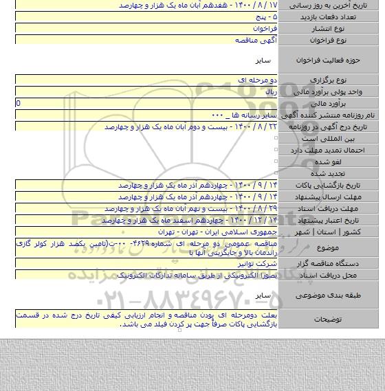 مناقصه عمومی دو مرحله ای شماره ۴۶۲۹- ۰۰-ت(تامین یکصد هزار کولر گازی راندمان بالا و جایگزینی آنها با