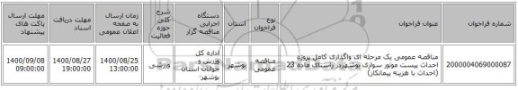 مناقصه عمومی یک مرحله ای واگذاری کامل پروژه احداث پیست موتور سواری بوشهردر راستای ماده 23 (احداث با هزینه پیمانکار)