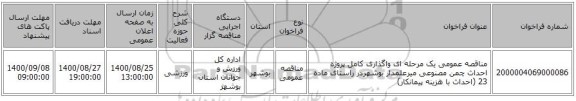 مناقصه عمومی یک مرحله ای واگذاری کامل پروژه احداث چمن مصنوعی میرعلمدار بوشهردر راستای ماده 23 (احداث با هزینه پیمانکار)