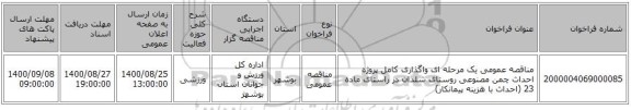 مناقصه عمومی یک مرحله ای واگذاری کامل پروژه احداث چمن مصنوعی روستای شلدان در راستای ماده 23 (احداث با هزینه پیمانکار)