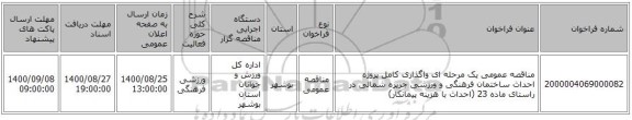 مناقصه عمومی یک مرحله ای واگذاری کامل پروژه احداث ساختمان فرهنگی و ورزشی جزیره شمالی در راستای ماده 23 (احداث با هزینه پیمانکار)