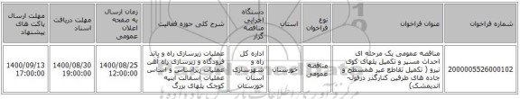 مناقصه عمومی یک مرحله ای احداث مسیر و تکمیل پلهای کوی نیرو ( تکمیل تقاطع غیر همسطح و جاده های طرفین کنارگذر دزفول- اندیمشک)