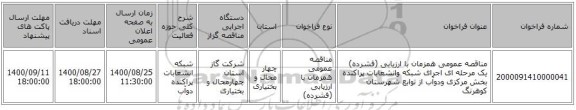 مناقصه عمومی همزمان با ارزیابی (فشرده) یک مرحله ای اجرای شبکه وانشعابات پراکنده بخش مرکزی ودوآب از توابع شهرستان کوهرنگ