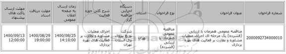 مناقصه عمومی همزمان با ارزیابی (فشرده) یک مرحله ای اجرای عملیات مشاوره و نظارت بر فعالیت های بهره برداری