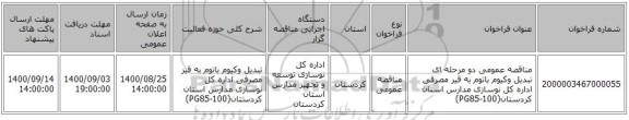 مناقصه عمومی دو مرحله ای تبدیل وکیوم باتوم به قیر مصرفی اداره کل نوسازی مدارس استان کردستان(PG85-100)
