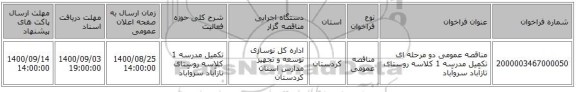 مناقصه عمومی دو مرحله ای تکمیل مدرسه 1 کلاسه روستای تازآباد سروآباد 
