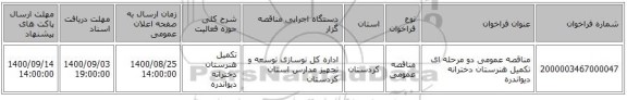 مناقصه عمومی دو مرحله ای تکمیل هنرستان دخترانه دیواندره