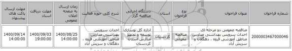 مناقصه عمومی دو مرحله ای احداث سرویس بهداشتی مدارس مناطق آموزشی قروه ، دهگلان و سریش آباد 