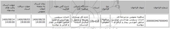 مناقصه عمومی دو مرحله ای احداث سرویس بهداشتی مدارس مناطق آموزشی بیجار و کرانی و دیواندره