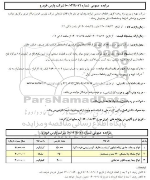 مزایده عمومی فروش اقلام ضایعاتی شرکت پارس خودرو
