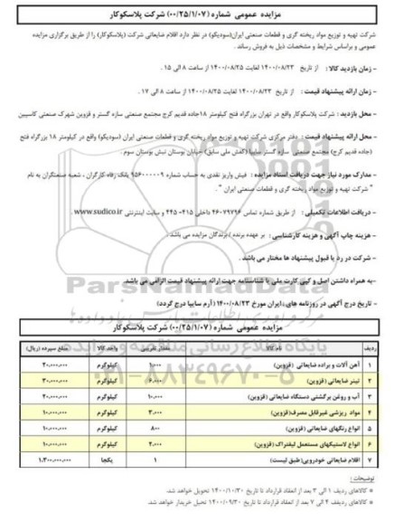 مزایده اقلام ضایعاتی شرکت (پلاسکو کار)