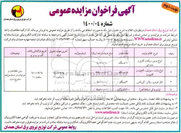 مزایده انواع موتورسیکلت گازی - نوبت دوم