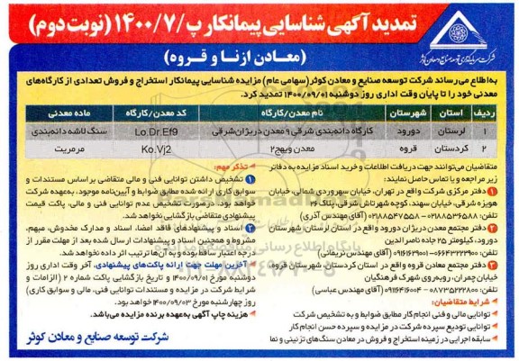 تمدید آگهی، تمدید آگهی شناسایی پیمانکار استخراج و فروش تعدادی از کارگاه های معدنی - نوبت دوم 