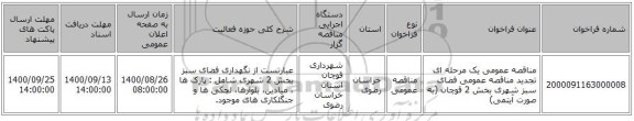 مناقصه عمومی یک مرحله ای تجدید مناقصه عمومی فضای سبز شهری بخش 2 قوچان (به صورت آیتمی)