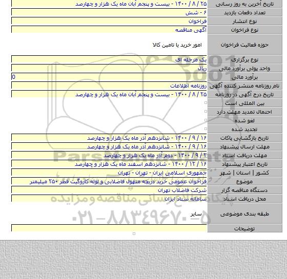 فراخوان عمومی خرید دریچه منهول فاضلابی و لوله کاروگیت قطر ۲۵۰ میلیمتر