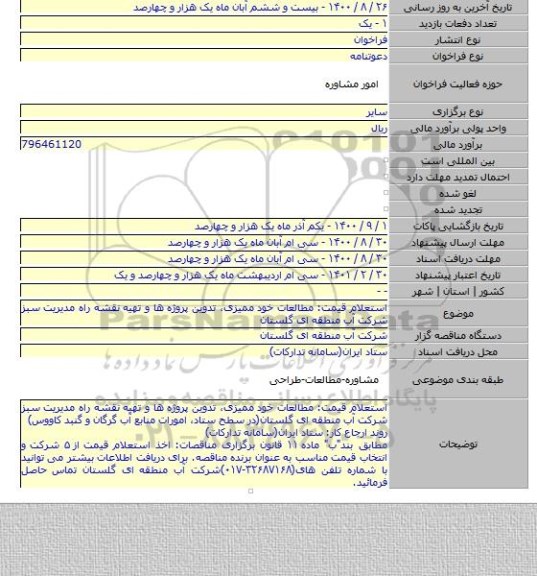 استعلام قیمت: مطالعات خود ممیزی٬ تدوین پروژه ها و تهیه نقشه راه مدیریت سبز شرکت آب منطقه ای گلستان