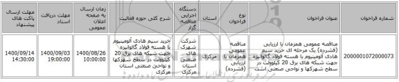 مناقصه عمومی همزمان با ارزیابی (فشرده) یک مرحله ای خرید سیم هادی آلومینیوم با هسته فولاد گالوانیزه جهت شبکه های برق 20 کیلوولت در سطح شهرکها و نواحی صنعتی است