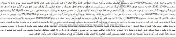 آگهی مزایده یک دستگاه اتومبیل سواری پراید