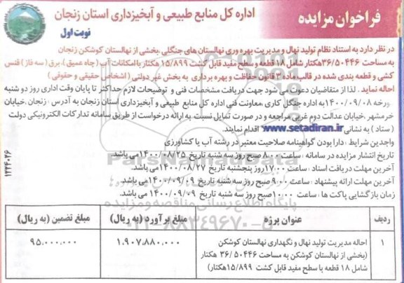 مزایده احاله مدیریت تولید نهال و نگهداری نهالستان