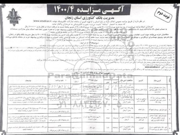 مزایده مزایده واگذاری املاک مازاد کاربری باغ و مسکونی