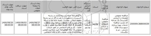 مناقصه عمومی همزمان با ارزیابی (فشرده) یک مرحله ای تجدید مناقصه خدمات بهره برداری شهرستان های دشتی ، دیر و تنگستان