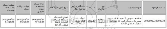 مناقصه عمومی یک مرحله ای تهیه و نصب یک دستگاه فیدر 20 کیلوولت شهرک صنعتی آق قلا