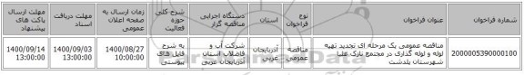 مناقصه عمومی یک مرحله ای تجدید تهیه لوله و لوله گذاری در مجتمع نازک علیا شهرستان پلدشت