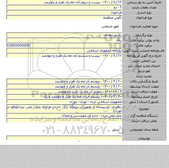 راهبری تاسیسات و تجهیزات نیروگاه برق ادارات مرکزی بانک ملی ایران(واقع در تهران)