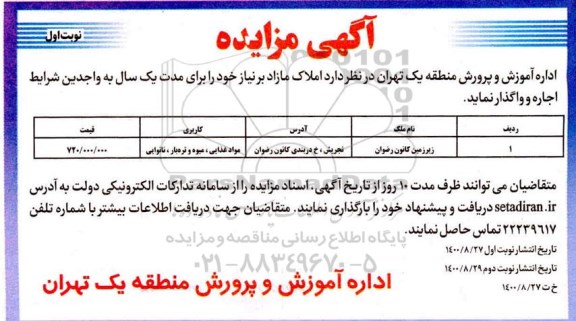 مزایده اجاره املاک مازاد برنیاز